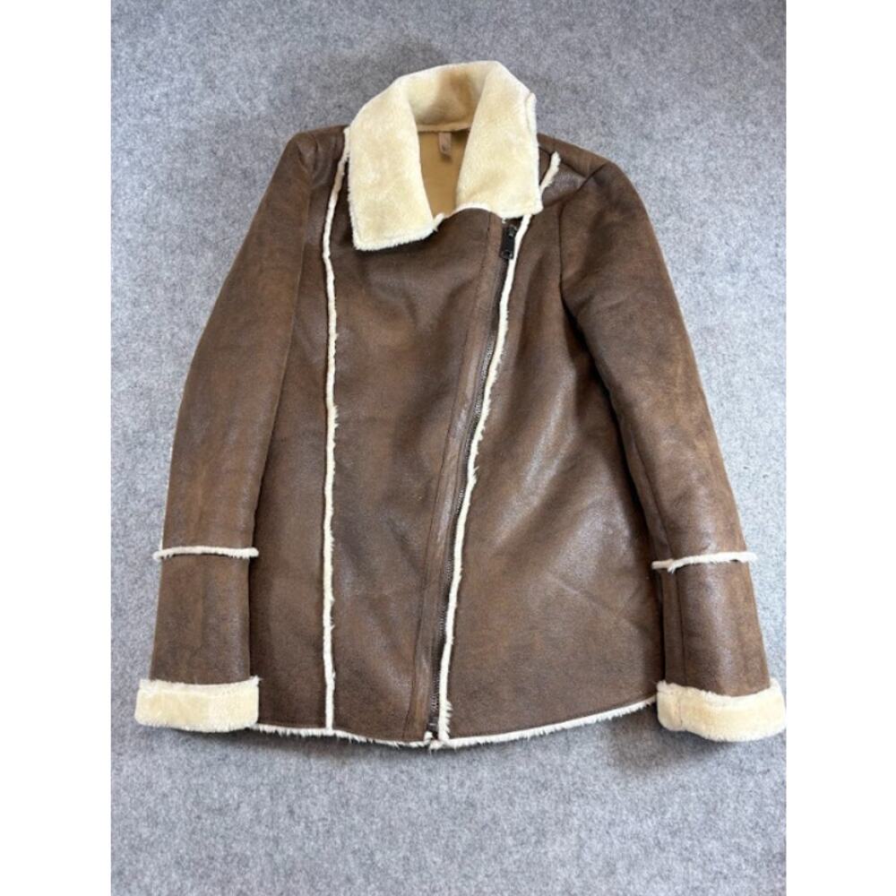 VTG Faux Shearling Aviator Jacket Womens S Brown Sherpa Lined Biker Boho Winter